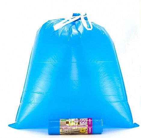 Мешки для мусора с завязками 60 литров, 40 мкм, 10 штук, ПCД, синие, для тяжелого и острого мусора, прямое дно + ленты для затягивания. - Вид 2